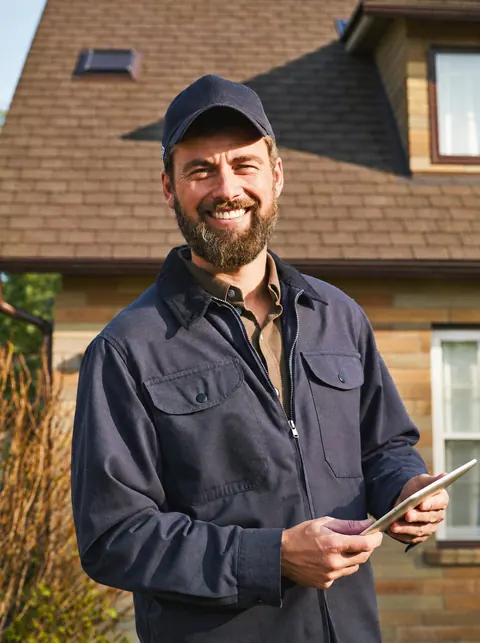 Roofing contractor holding a tablet in front of a finished roof