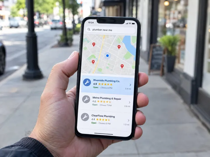 Phone showing a local map search with the top-rated business highlighted