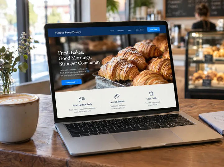 Laptop on a café counter showing a modern bakery website